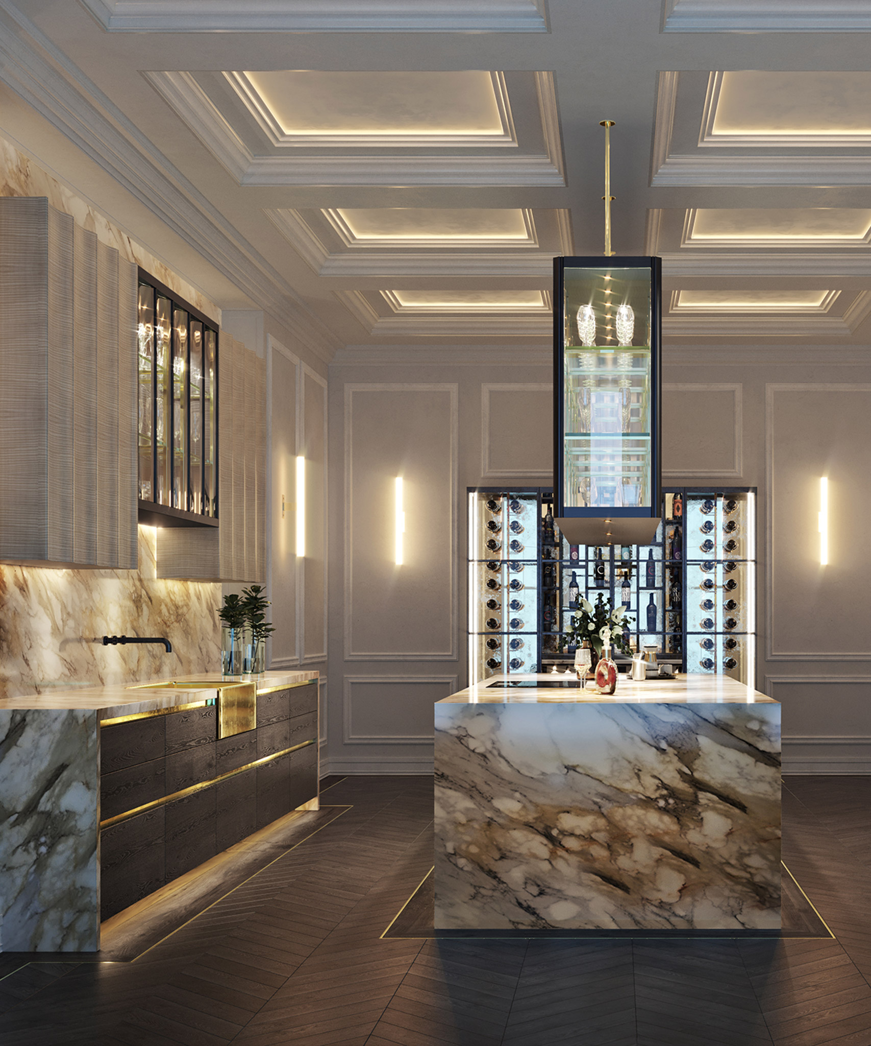 Icarus kitchen with floating glass cabinet above a central kitchen island