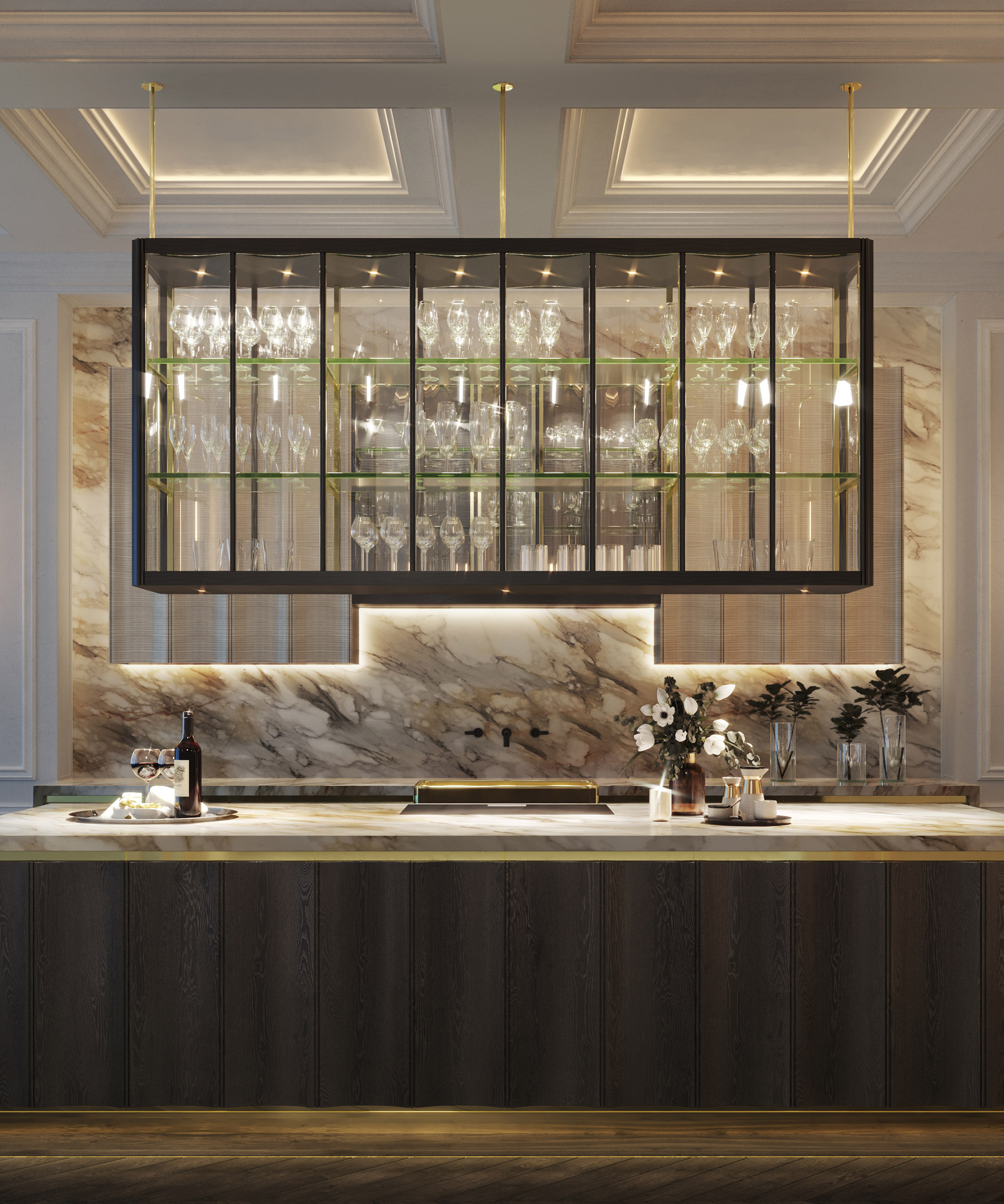 The Icarus kitchen's floating glass cabinet above a marble central kitchen island