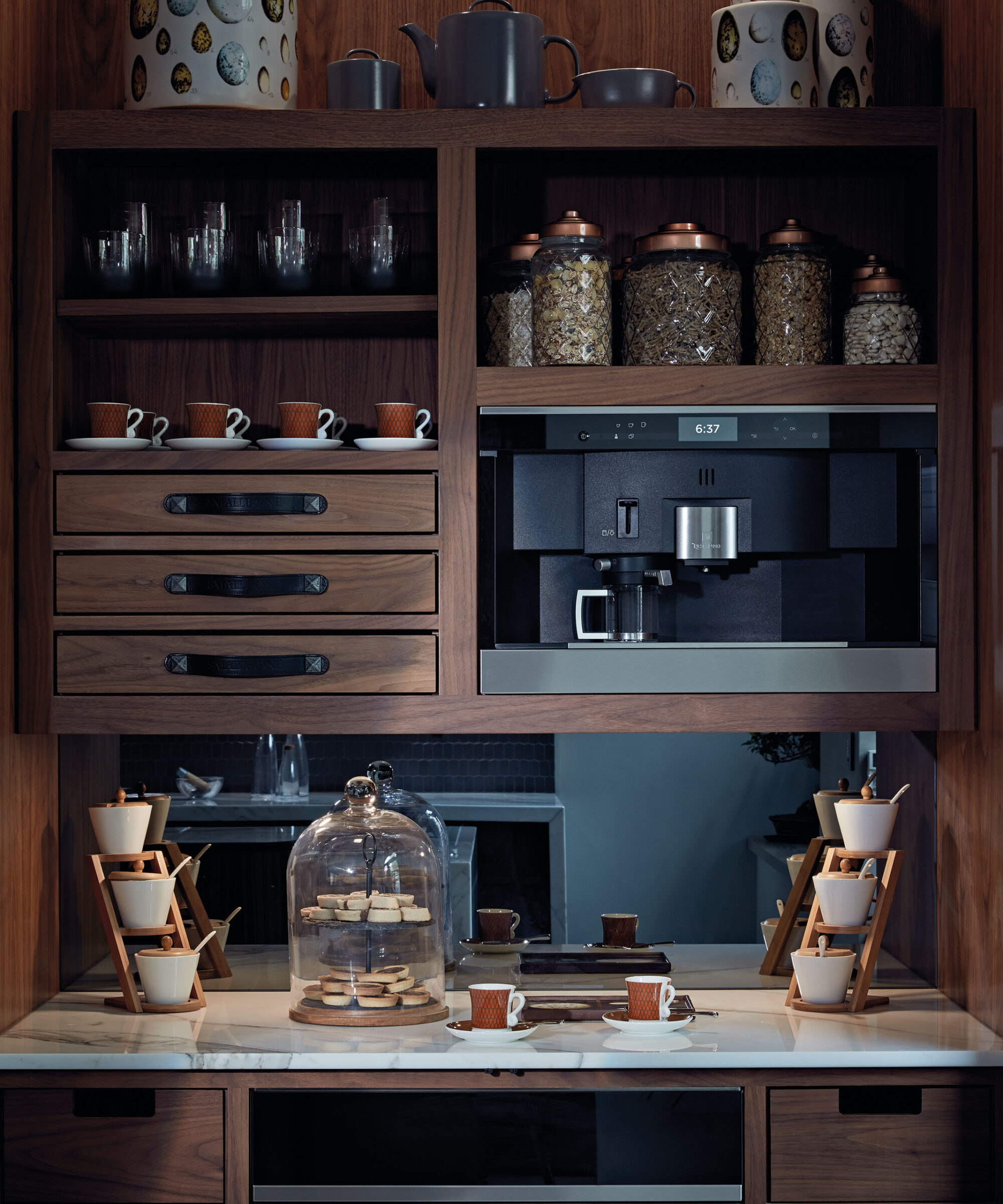 a Smallbone Mulberry breakfast pantry with marble shelf and bespoke cabinetry with coffee machine