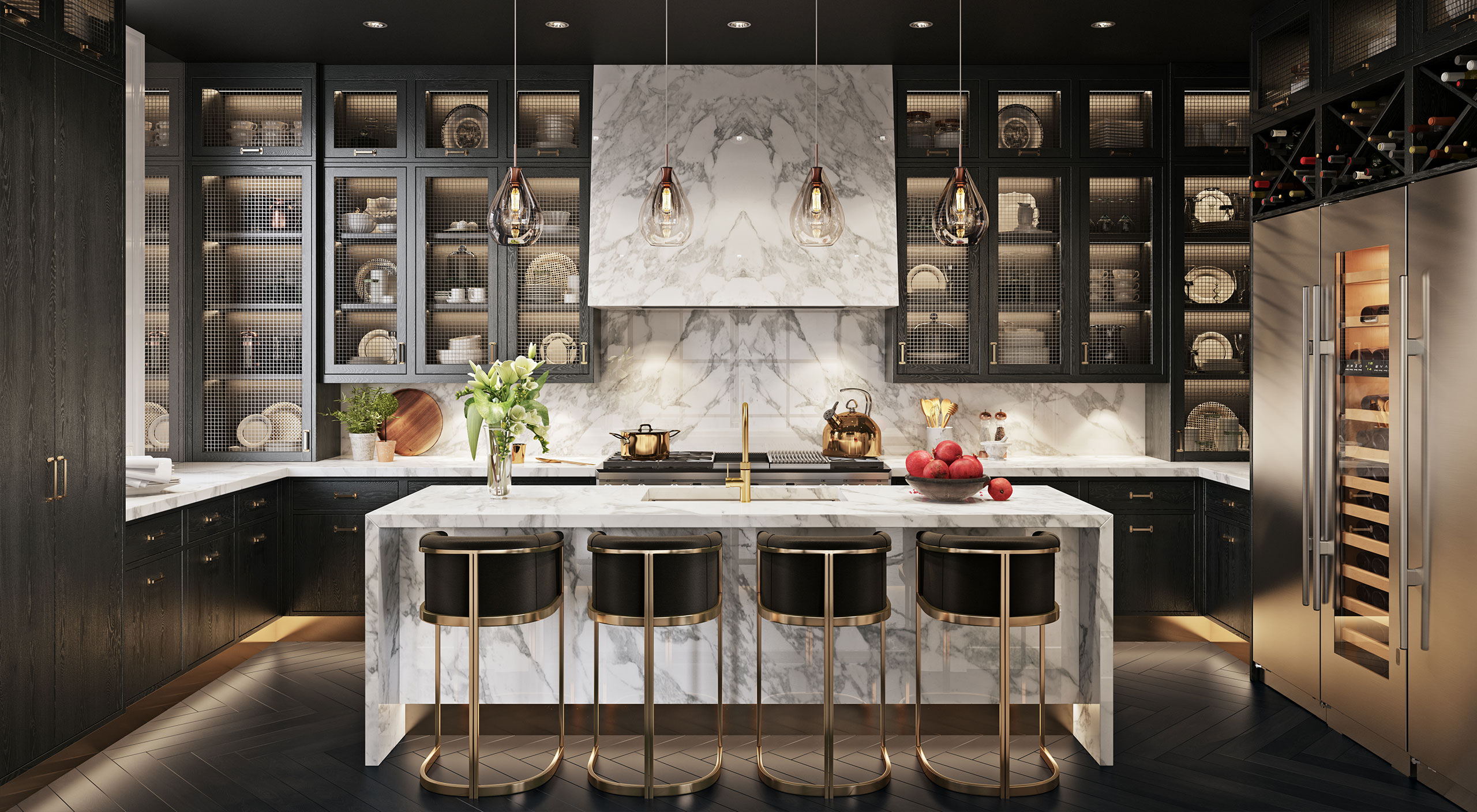 a Smallbone Mulberry collection kitchen with signature grey stained oak and marble centre island and marble cooker hood
