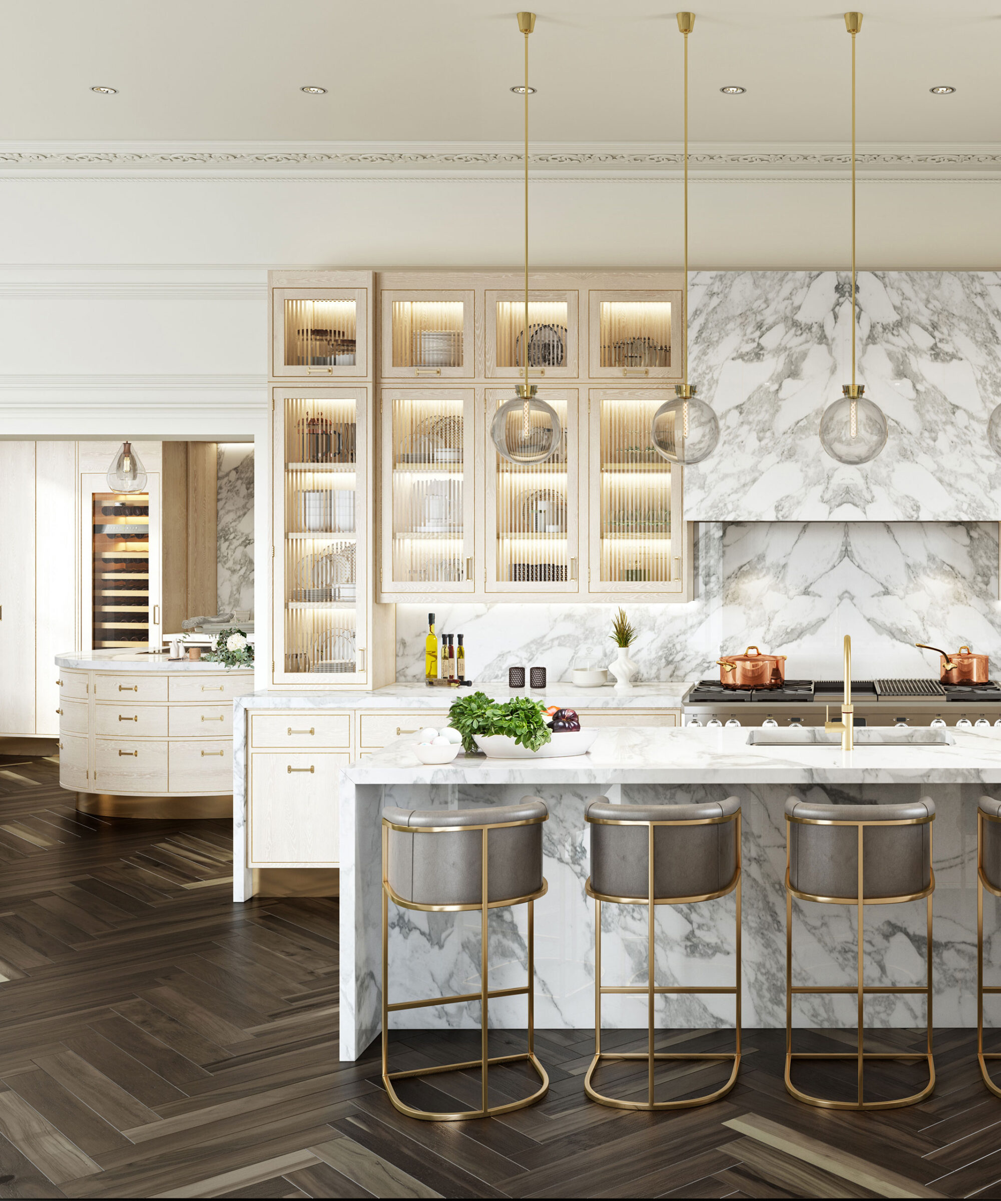 a Smallbone Mulberry kitchen in a light grey stain finish with waterfall edge marble centre island and marble cooker hood