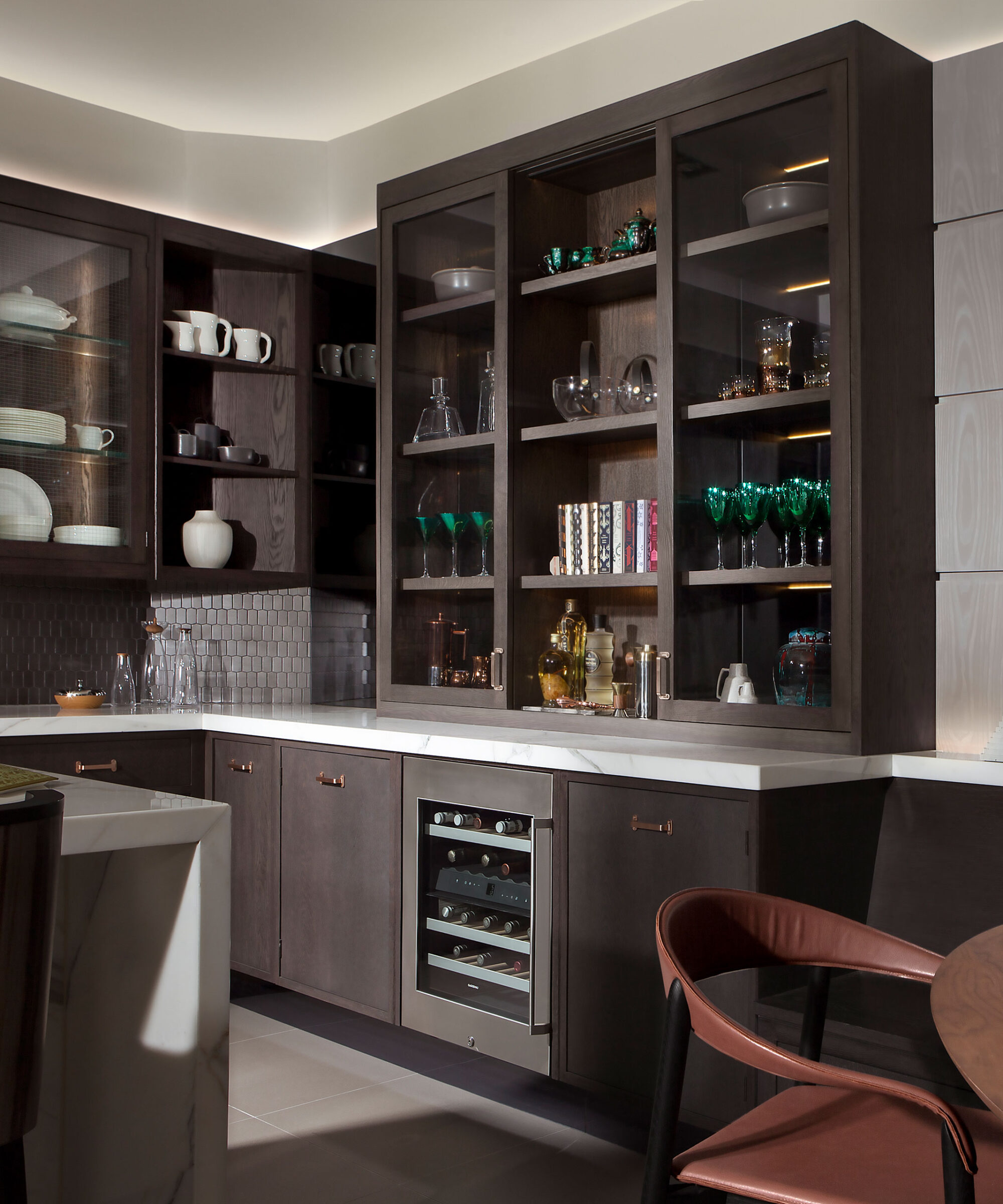 a Smallbone Mulberry kitchen with built in dresser and wine fridge