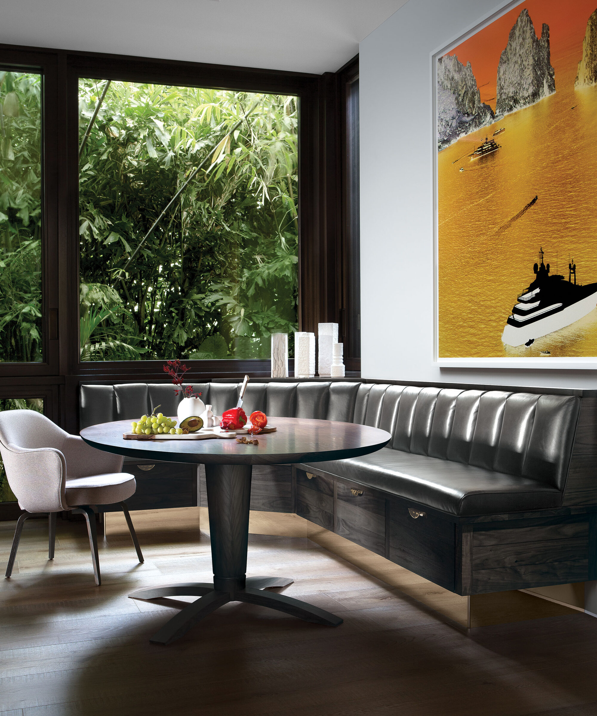 a Smallbone Napes bespoke table and wall mounted dining bench with leather finishing