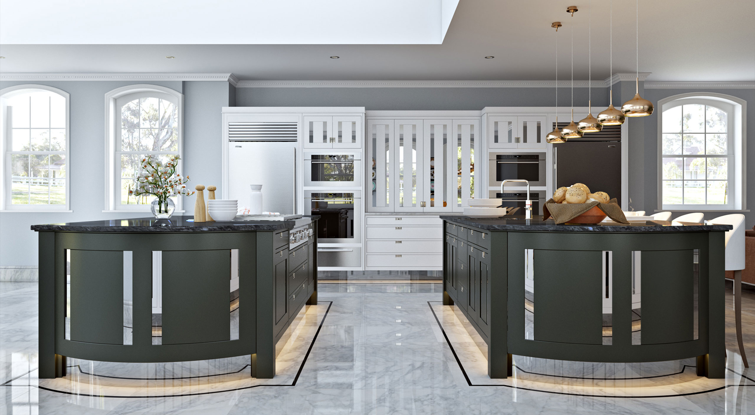 A Macassar kitchen by Smallbone with white handpainted wall cabinets and two central islands crafted from ebony