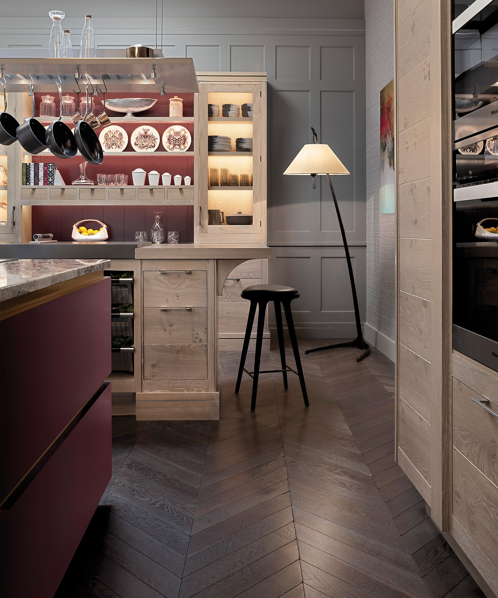 A Brasserie kitchen with plum coloured Modernist island