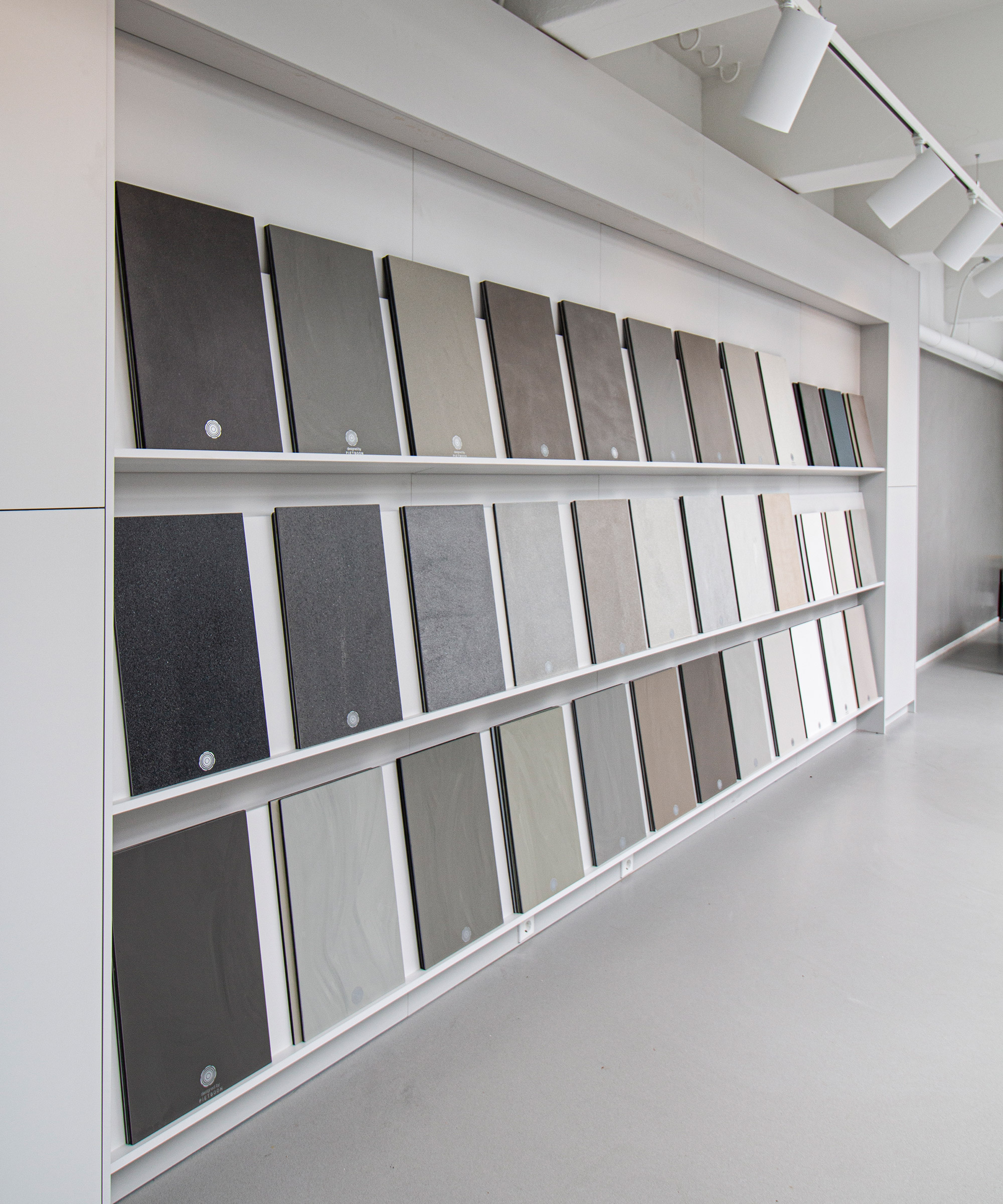 A wall of Senso floor sample boards